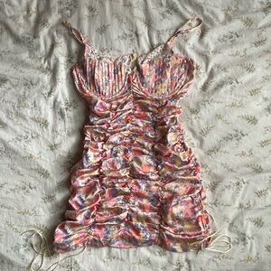 Ruched floral satin mini dress in great condition never worn size small
